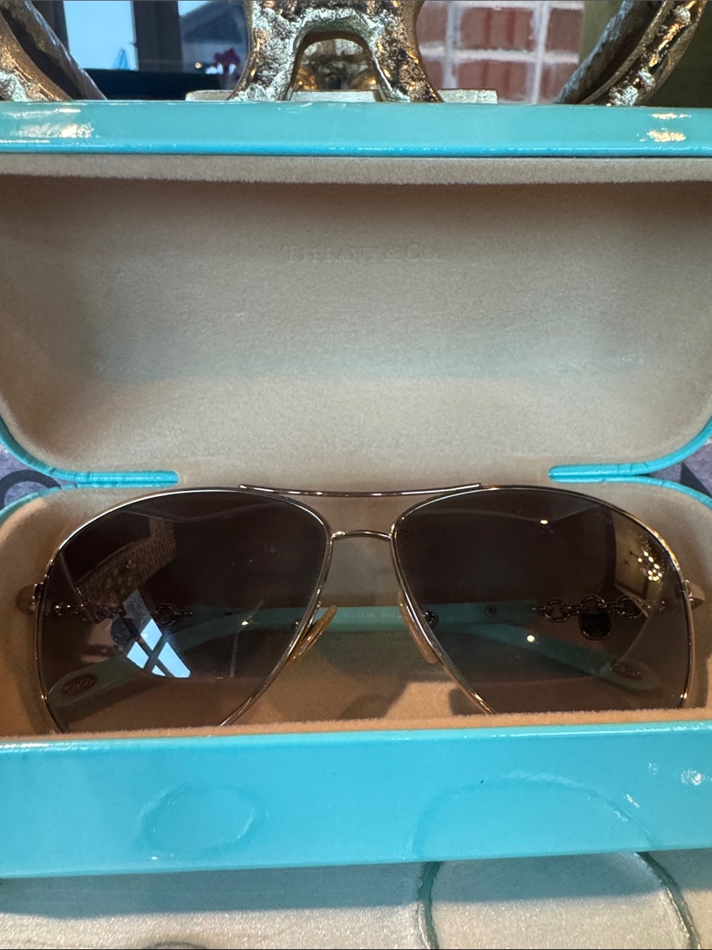 Tiffany & Co. Aviator Sunglasses with Brown Lenses and Turquoise Case